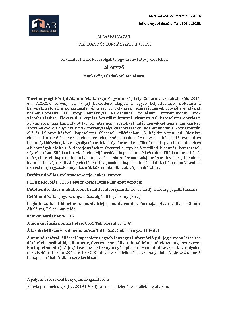Pályázati Felhívás - Aljegyző