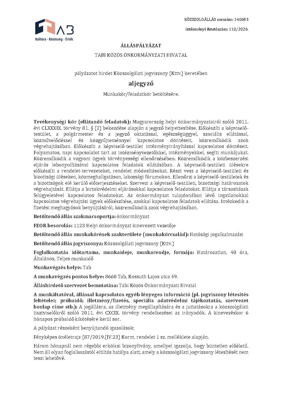 Álláshirdetés  - Aljegyző