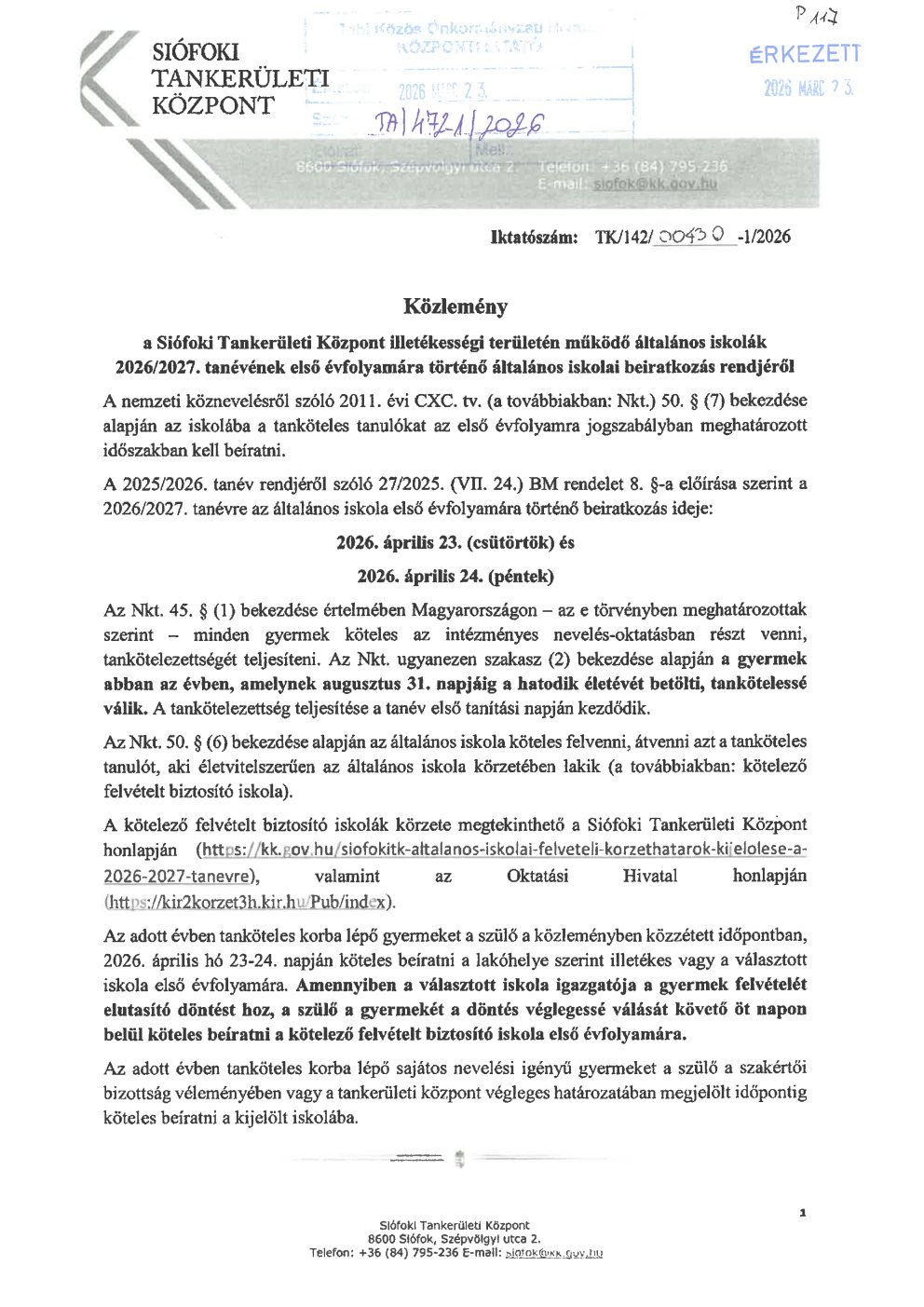 Közlemény - Siófoki Tankerületi Központ