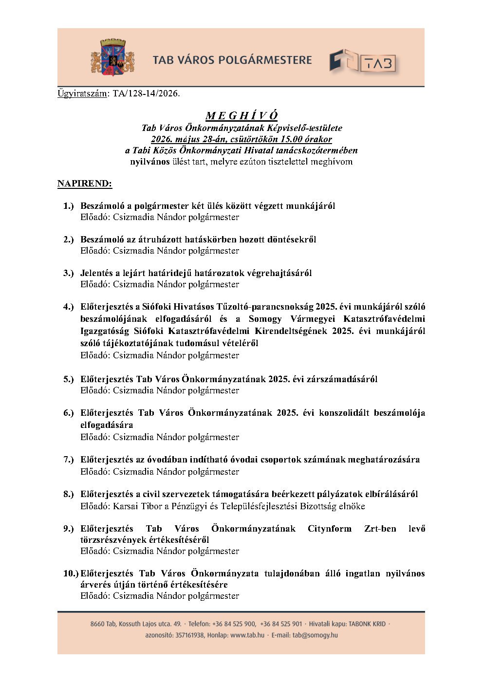 Meghívó Nyilvános Ülésre 2026.05.28.