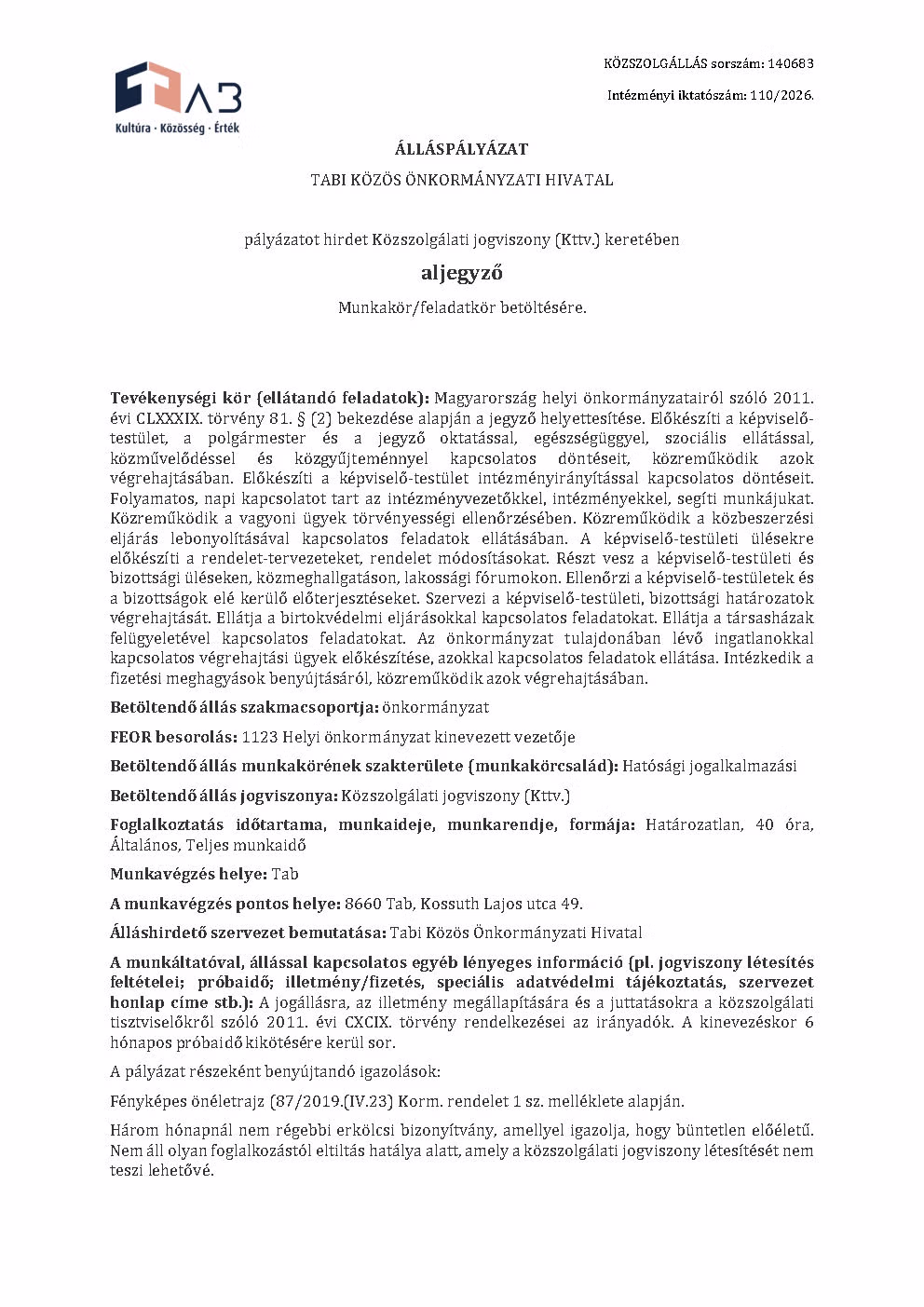 Álláshirdetés  - Aljegyző