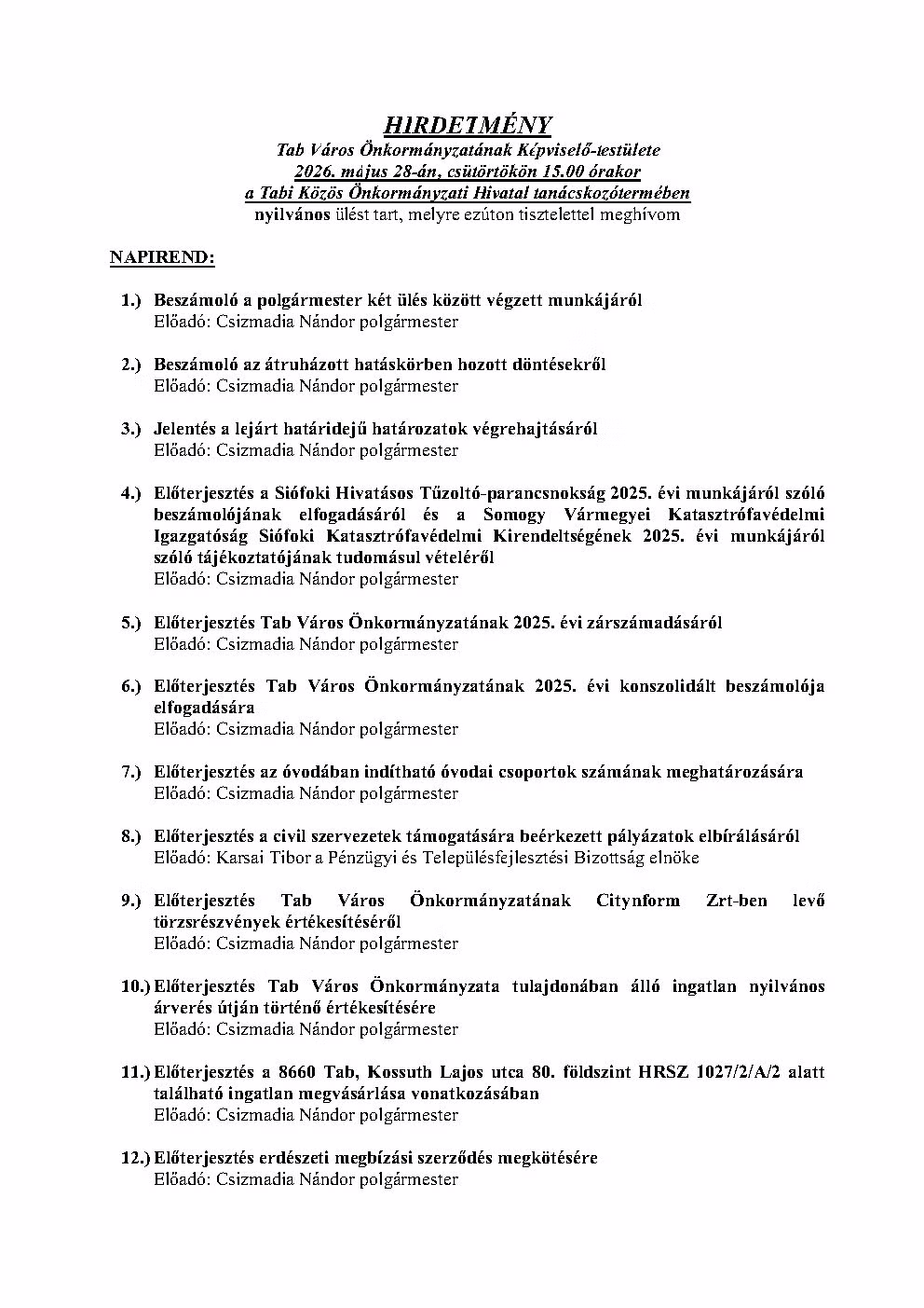 Hirdetmény Nyílt ülésről 2026.05.28.