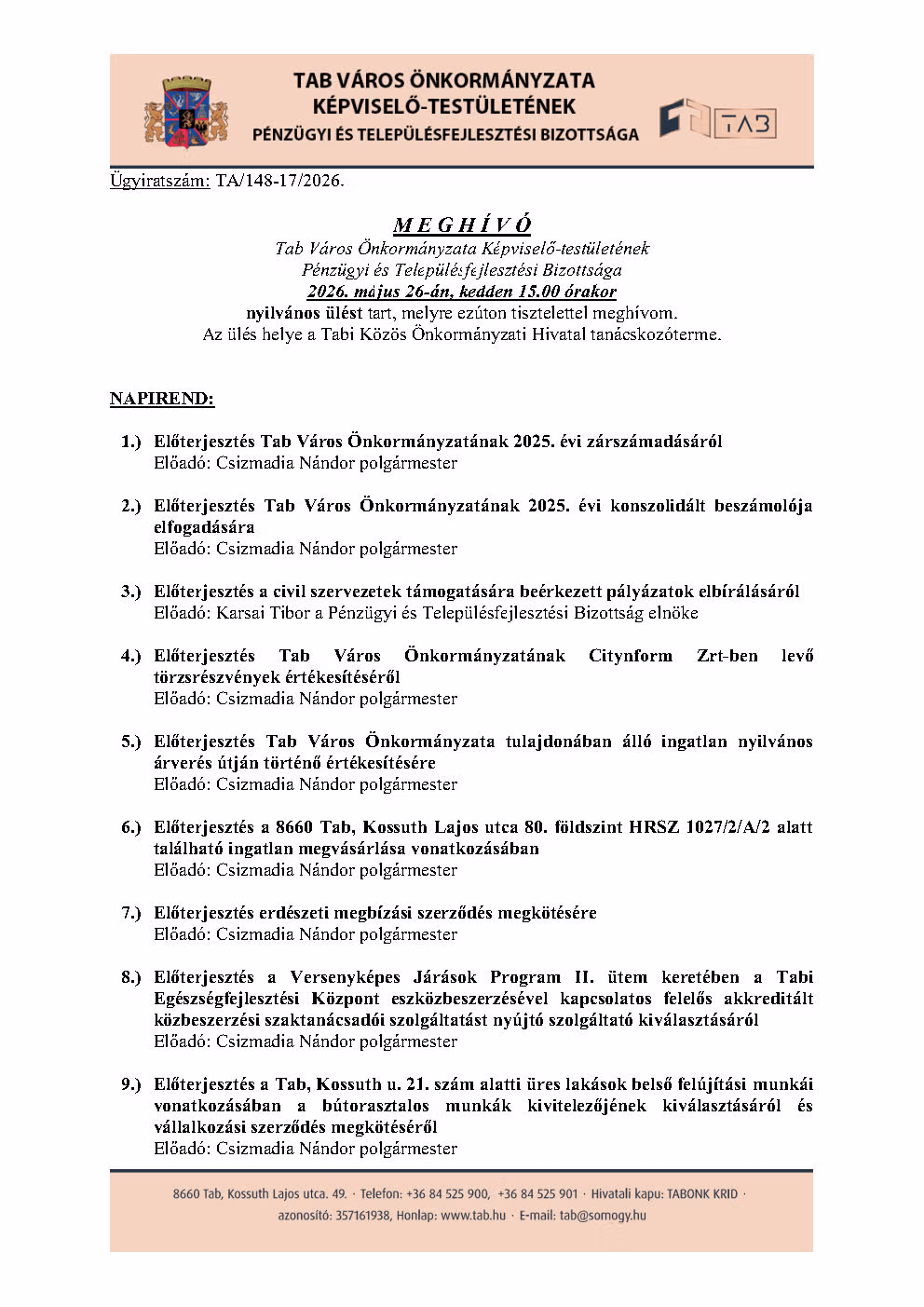 Meghívó Pénzügyi és Településfejlesztési Bizottsága 2026.05.26.