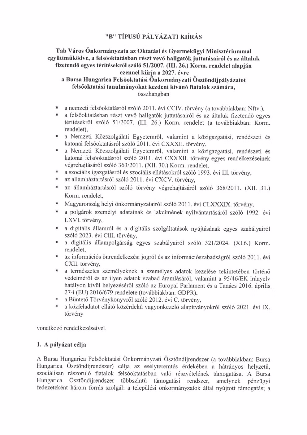 Bursa Hungarica B típusú pályázati kiírás