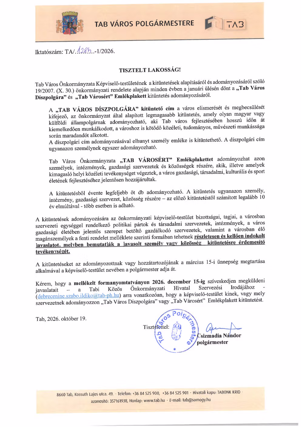 Kitüntetés adományozása